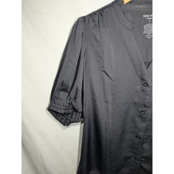 Nine West Womens Adaptive Magnetic Snap Blouse Sz S Black Ruffle Puff Sleeve - Picture 2 of 5